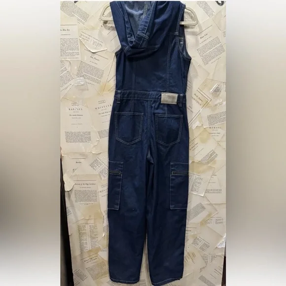 Urban Outfitters LeeAngel Chen Denim Coverall Jumpsuit Hooded Zipper Cargo